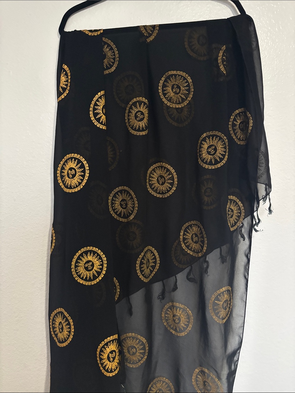 Black Sheer Scarf with Gold Medallion Print size L